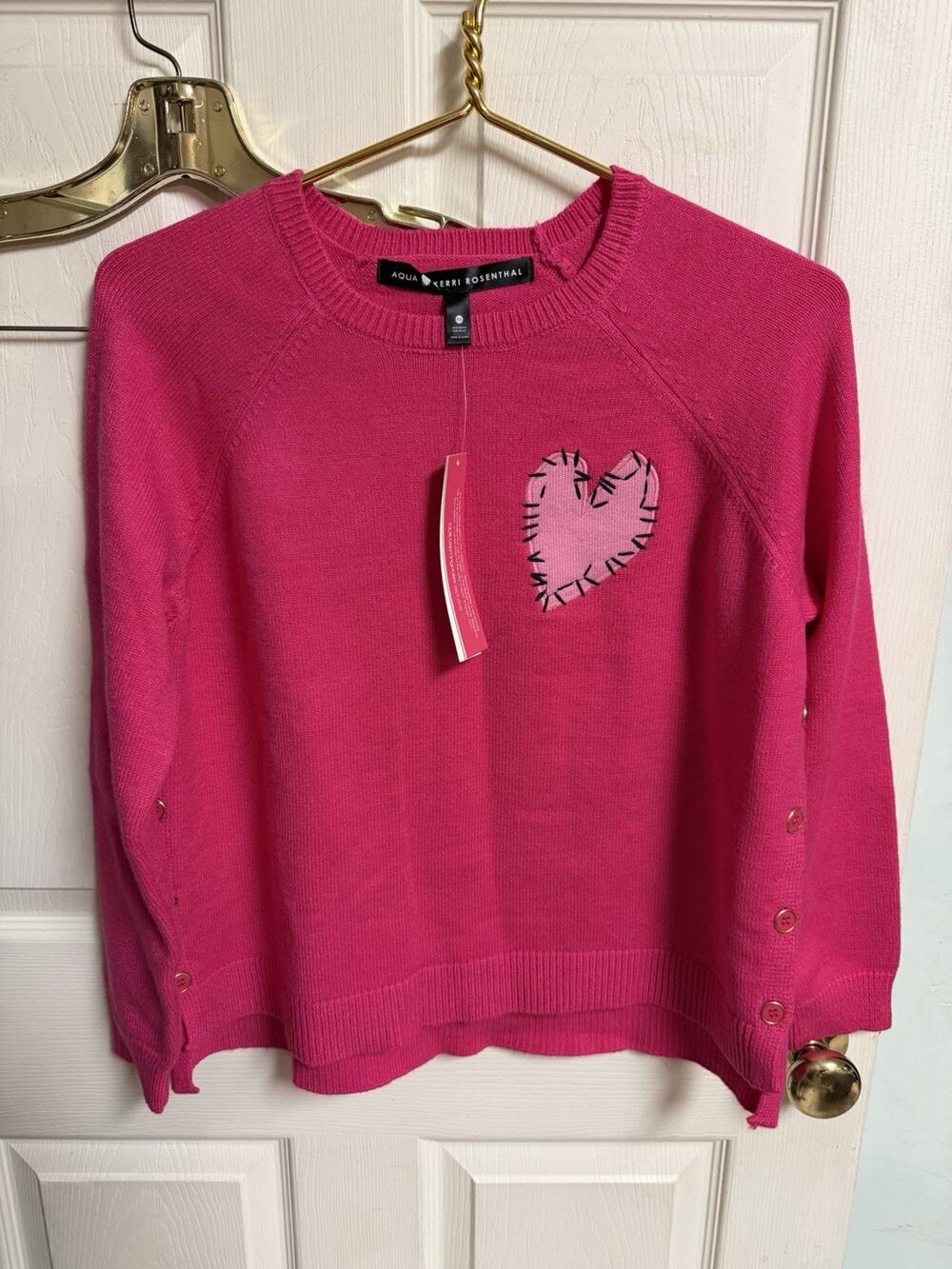 Aqua Kerri Rosenthal Sweater XS Hot Pink Heart Side Buttons Rayon Nylon 40x22